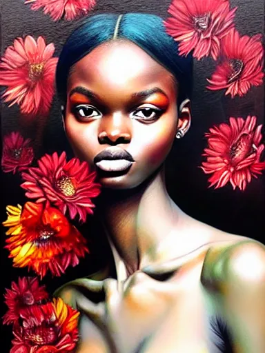 Image similar to portrait of duckie thot with a floral background : : painted by artgerm, karol bak, artur bordalo, sandra chevrier : : portrait, character, illustration, hyperrealism, photorealism