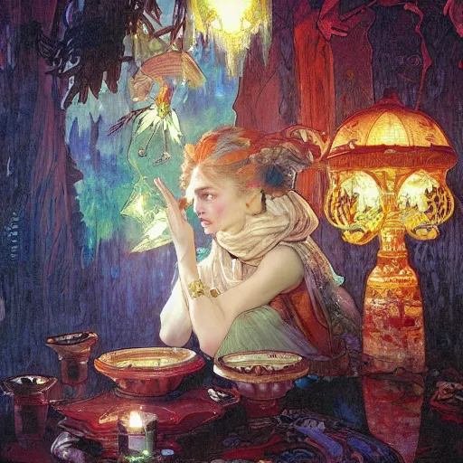 Prompt: carving on southern ice porcelain , overdetailed art, by greg rutkowski, by Alfons Mucha, complementing colors, magic, colorful lights, fireflies, detailed illustration