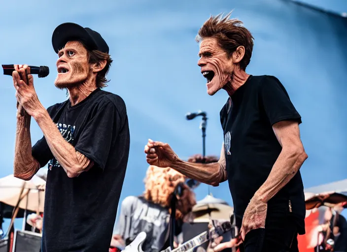 Image similar to photo still of willem dafoe on stage at vans warped tour!!!!!!!! at age 4 0 years old 4 0 years of age!!!!!!! singing into a mic, 8 k, 8 5 mm f 1. 8, studio lighting, rim light, right side key light