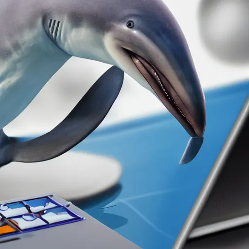 Prompt: An anthropomorphic grey dolphin wearing a white lab-coat and playing games on a computer, digital painting, close-up