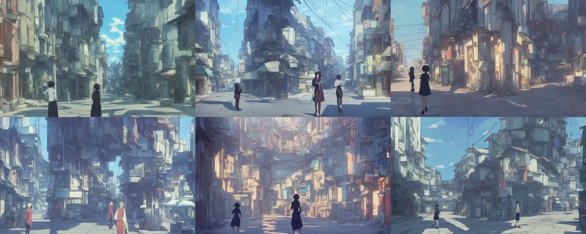 Prompt: girl on a small and quiet city street in the Makoto Shinkai anime film, pretty rim highlights and specular