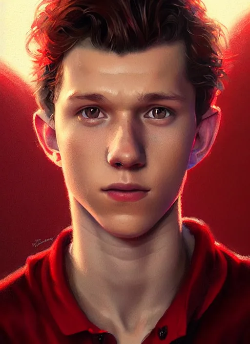 Image similar to portrait of tom holland with hazel eyes, hazel colored eyes, red shirt, intricate, elegant, glowing lights, highly detailed, digital painting, artstation, concept art, smooth, sharp focus, illustration, art by wlop, mars ravelo and greg rutkowski