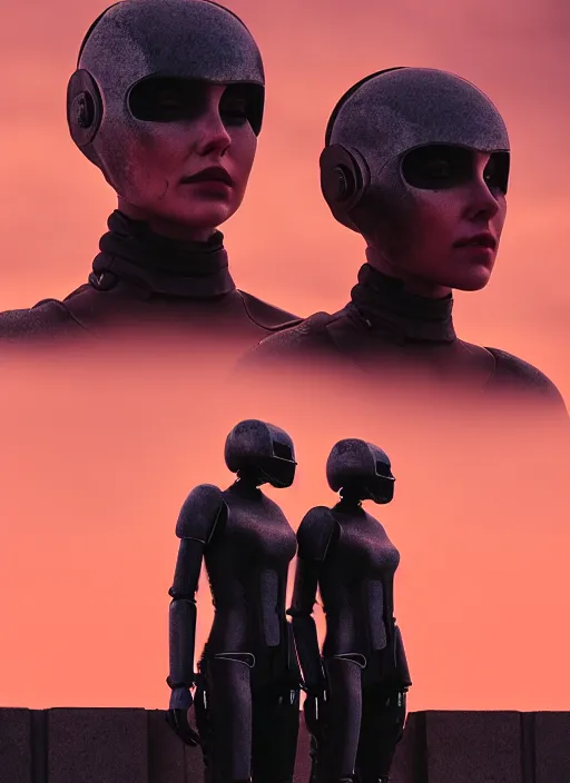 Image similar to cinestill 5 0 d photographic portrait of two loving female androids wearing rugged black techwear on a desolate plain with a brutalist monument and a red sky, extreme closeup, cyberpunk style, dust storm, 8 k, hd, high resolution, 3 5 mm, f / 3 2, ultra realistic faces, ex machina