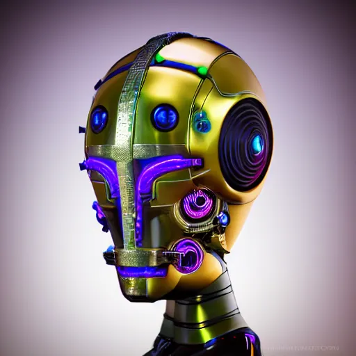 Prompt: a glossy claymodel of a dieselpunk aztec futuristic robot head with eeg sensors, 8 k, front shot, symetrical, flourescent colors, halluzinogenic, multicolored, insanely detailed, front shot, 3 d render, octane