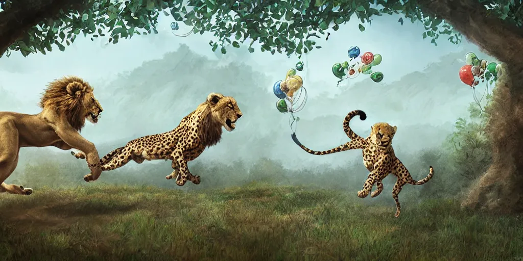 Prompt: lion and cheetah run through the ancient forest with a birthday ribbons and balloons , concept art, huge scale, high details by Evgeniy Antonenkov