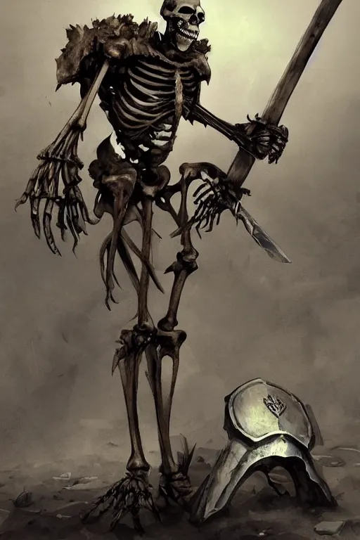 Prompt: a shambling skeleton holding a chipped sword and damaged shield with glowing blue eyes standing in a graveyard, concept art by senior character artist, featured on artstation, shock art, apocalypse art, concept art