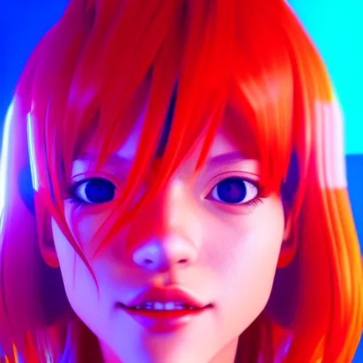 Image similar to asuka langley in a neon city, octane render 8 k, photorealistic render, atmospheric render, beautiful face, cute, realistic skin, redshift render, realistic reflections