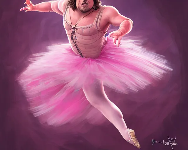 Image similar to photography of jack black dancing in a pink ballerina outfit, full body shot, deep focus, d & d and mtg, fantasy, intricate, elegant, highly detailed, digital painting, artstation, concept art, matte, sharp focus, illustration, hearthstone, art by stanley lau and artgerm