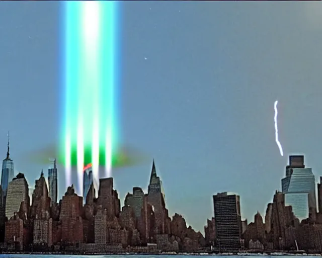 Image similar to [alien invasion] ufo footage spotted at new york city. there is explosions all over the city. 9/11 inspired. archangel invasion.