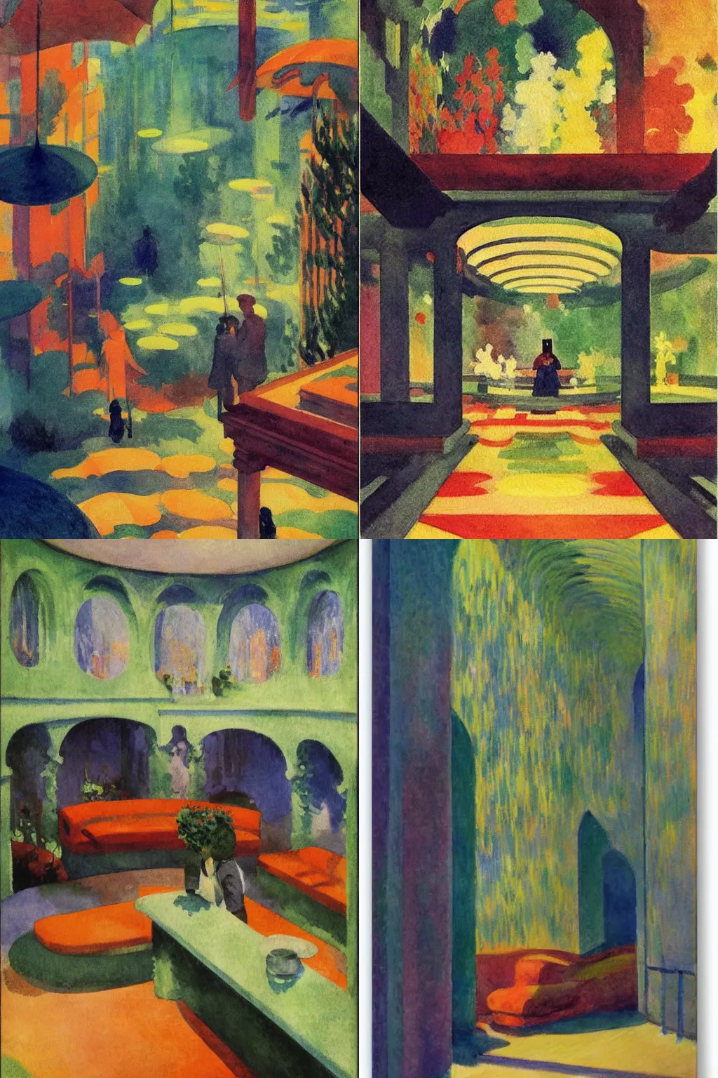 Prompt: impressionist watercolor painting by Claude Monet, surrealist secret lusciously botanical underground lair by Edward Hopper, by Dean Ellis, by Sonia Delaunay, by Jean Giraud, 1942, fisheye lens
