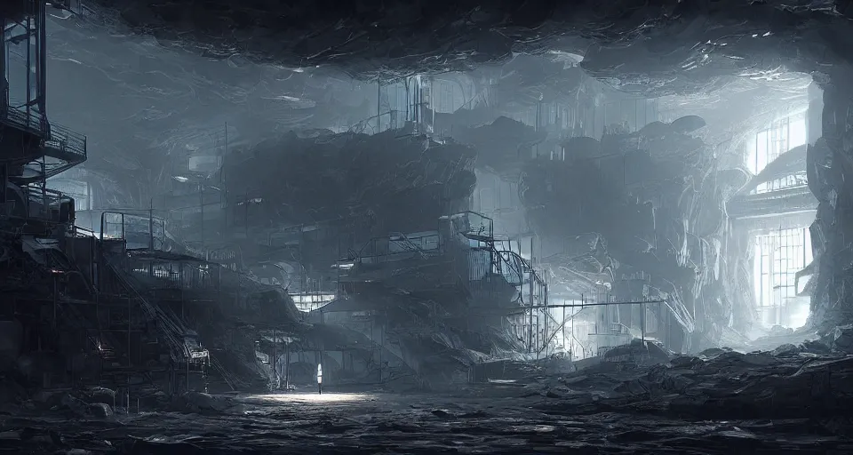 Image similar to futuristic factory in a dark cave, black rocks, dramatic light, intricate, highly detailed, digital painting, volumetric light, artstation, concept art, sharp focus