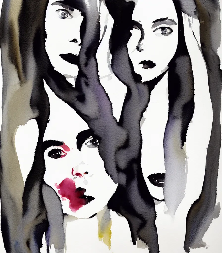 Prompt: one beautiful face woman, grey, colorless and silent, watercolor portraits by Luke Rueda Studios and David downton