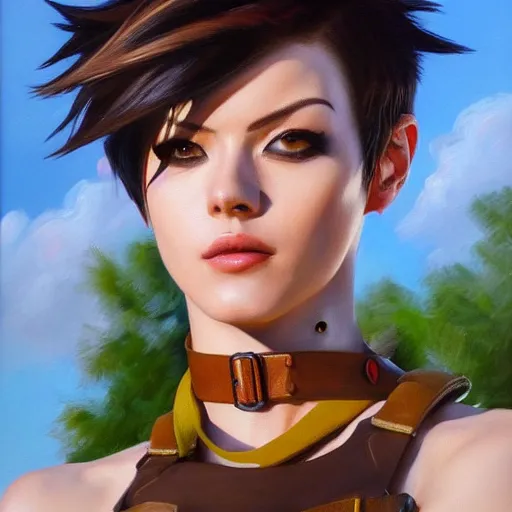 Prompt: oil painting of tracer overwatch in a field, in style of mark arian, expressive face, very detailed face, wearing leather choker, very detailed eyes, full body, feminine face, detailed makeup on eyes,