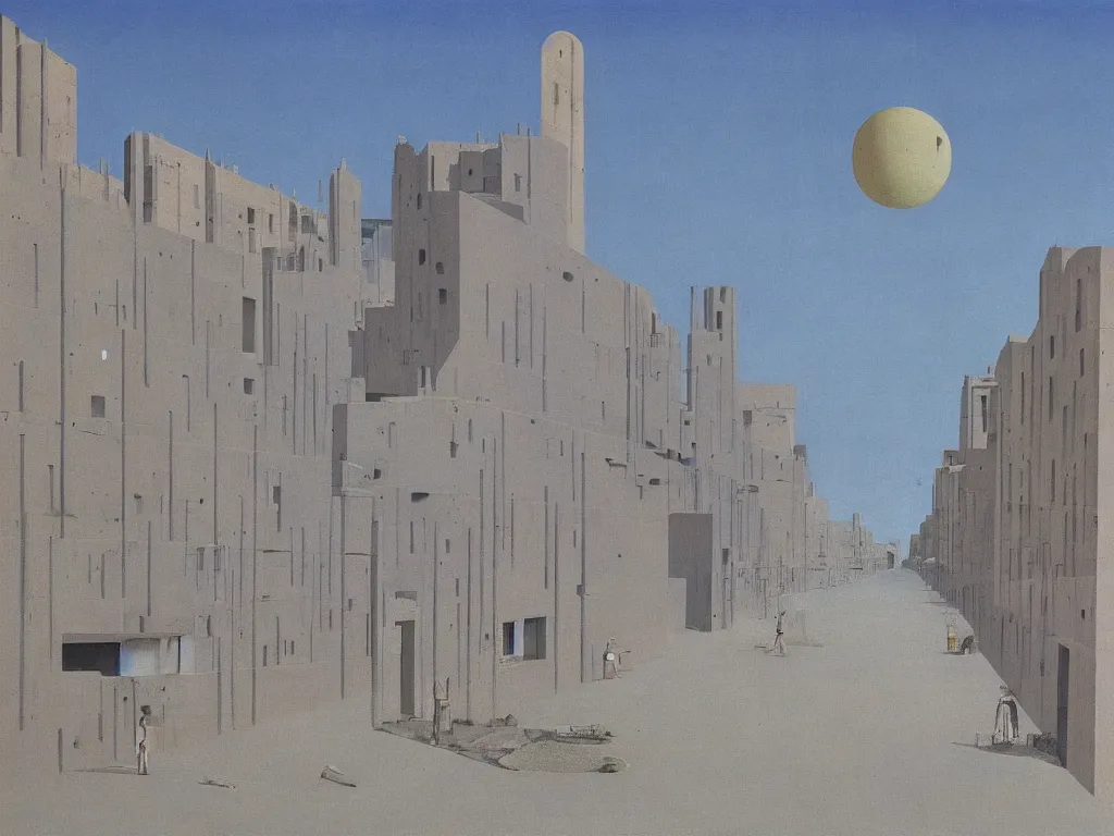 Prompt: Streets of a deserted, brutalist city that now fill with dust, sand, smoke. Clear gradient blue sky. Eye on a plate. Painting by Roger Dean, Piero della Francesca, Yves Tanguy