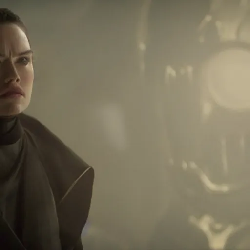 Image similar to movie still of daisy ridley as sith empress wearing a black satin robe and metal belt with make up as if she was crying, sweaty, detailed eyes, neutral expression, shallow depth of field, photorealistic, cinematic lighting, lovely bokeh, dark moody light, strong rim light, movie quality, star wars