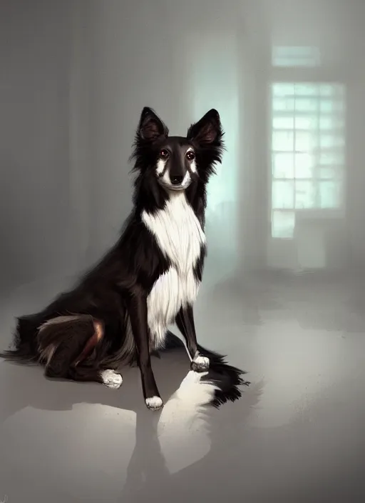 Image similar to wide angle beautiful full body portrait of a male anthropomorphic anthro border collie fursona sitting in a parlor room, character design by charlie bowater, henry asencio, and ross tran, disney, scenic background, detailed, aesthetic, trending on artstation, furaffinity, deviantart