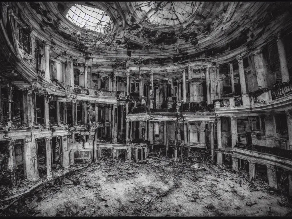 Image similar to photography of inside of an abandoned old opera fitlh and grim apex, creepy, dark atmosphere, ray of sun from the rooftop, wide angle, 1 6 mm lens fujifilm, grainy film