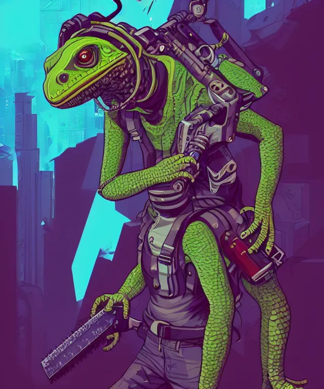 Image similar to a portrait of an anthropomorphic iguana holding a chainsaw, cyberpunk!, fantasy, elegant, digital painting, artstation, concept art, matte, sharp focus, illustration, art by josan gonzalez