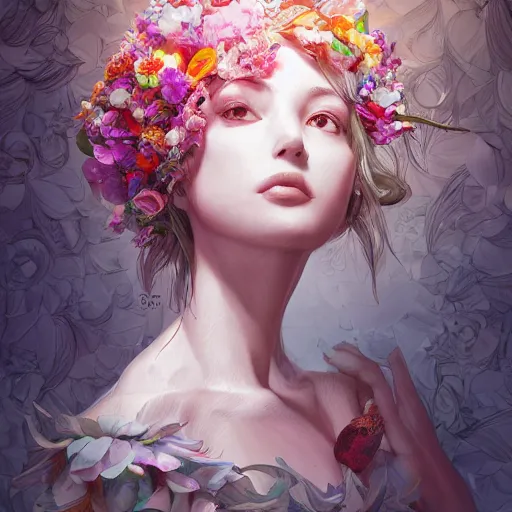 Image similar to the portrait of an absurdly beautiful, graceful, elegant, innocent woman made of petals looking up, an ultrafine detailed illustration by kim jung gi, irakli nadar, intricate linework, bright colors, octopath traveler, final fantasy, angular, unreal engine 5 highly rendered, global illumination, radiant light, detailed and intricate environment