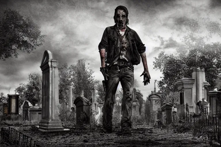 Prompt: walking dead anarchist without a lower jaw in the cemetery, dark night, highly detailed digital art, photorealistic