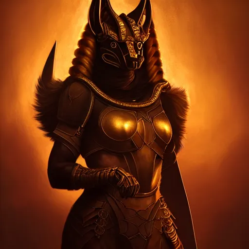 Image similar to Anubis female warrior portrait, atmospheric lighting, painted, intricate, volumetric lighting, beautiful, rich deep colors masterpiece, golden hour, sharp focus, ultra detailed, by Leesha Hannigan, Ross Tran, Thierry Doizon, Kai Carpenter,Ignacio Fernández Ríos