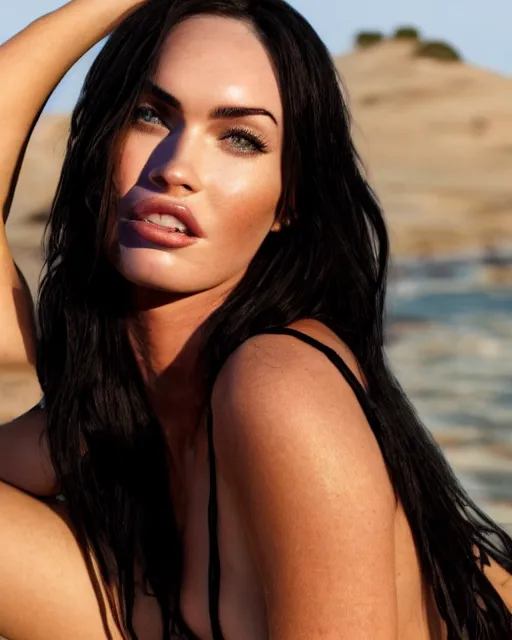 Image similar to Beautiful Head and shoulders portrait of confident flirty megan fox with straight long black hair, wearing a bikini by Zoë Mozert , Stephen Wayda , alberto Vargas, arney freytag, artstation, 35mm, fashion photoshoot, posing on the beach, golden hour, bokeh, rim lighting, fashion pose, octane, 4k