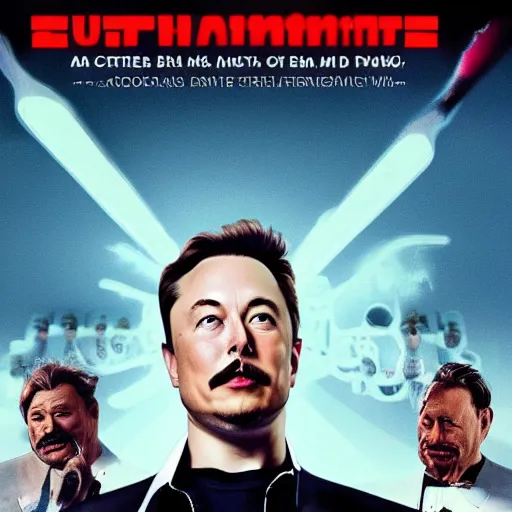 Image similar to a movie poster starring Elon Musk with a mustache as the evil mastermind supervillain, cinematic, 4k, award-winning