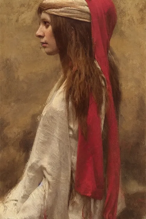 Image similar to Richard Schmid and Jeremy Lipking and Antonio Rotta full length portrait painting of a young beautiful traditonal bible character Mary Magdalene woman