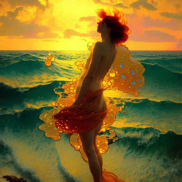 Image similar to backlit ocean waves of glossy kaleidoscopic liquid honey drops flowing like psychedelic translucent amber, lsd waves, lsd ripples, backlit, sunset, refracted lighting, art by collier, albert aublet, krenz cushart, artem demura, alphonse mucha