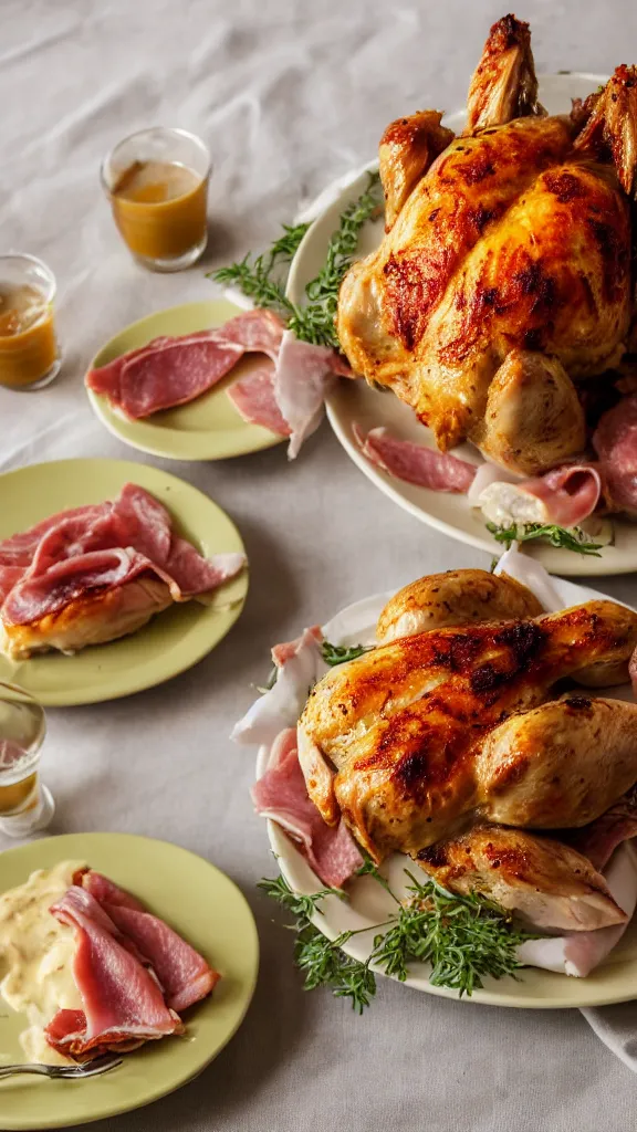 Image similar to 6 0 s food photography of a roast chicken covered entirely in mayonnaise, served with slice of ham on top, on a velvet table cloth, soft focus