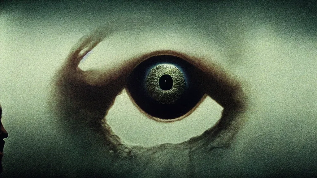 Image similar to the strange creature in my eye, film still from the movie directed by denis villeneuve and david cronenberg with art direction by salvador dali and zdzisław beksinski, wide lens