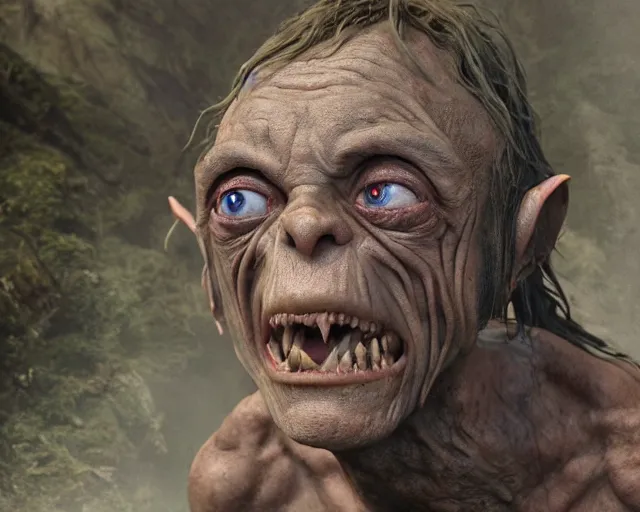 Image similar to wawrick davies as gollum, character art, by various concept artists, redshift render, hyperrealistic face, photorealistic render