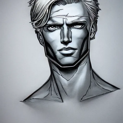 Image similar to man portrait made out of ice, beautiful, cyborg, comic book art, highly detailed, blond hair