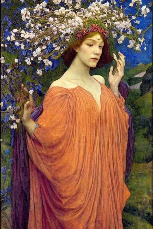 Image similar to queen of the springtime, by Annie Swynnerton and Nicholas Roerich and jean delville, dramatic cinematic lighting , ornate headdress , flowing robes, lost civilizations, smooth, sharp focus, extremely detailed