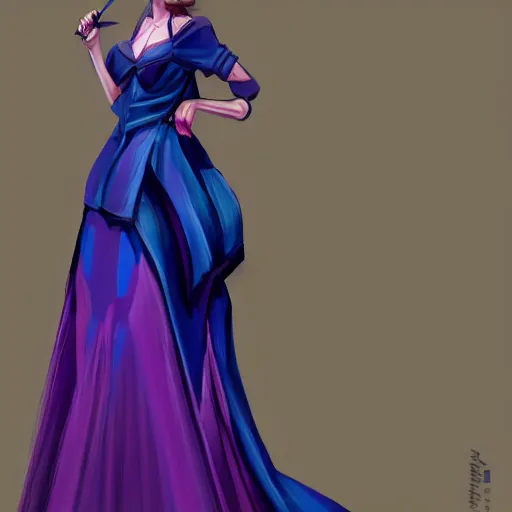 Image similar to a woman wearing a purple and blue dress, full body shot, red hair, highly detailed, digital painting, artstation, concept art, smooth, sharp focus, illustration