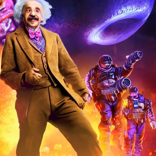 Image similar to albert einstein as willy wonka in gears of war, splash art, movie still, detailed face, photorealistic facial features, cinematic lighting, dramatic, octane render, long lens, shallow depth of field, bokeh, anamorphic lens flare, 8 k, hyper detailed, 3 5 mm film grain