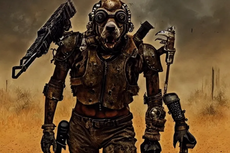 Image similar to a good ol'hound dog fursona ( from the furry fandom ), heavily armed and armored facing down armageddon in a dark and gritty version from the makers of mad max : fury road. witness me.