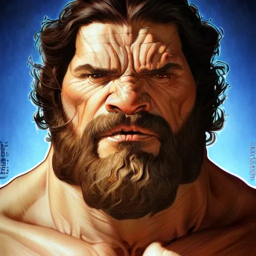 Image similar to hulking herculean ogre jesus christ, masterpiece, intricate, elegant, highly detailed, digital painting, artstation, concept art, smooth, sharp focus, illustration, art by artgerm and greg rutkowski and alphonse mucha and uang guangjian and gil elvgren and sachin teng, symmetry!!