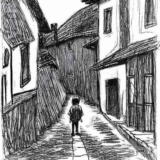 Image similar to rich detailed pencil drawing of little nicholas walking along a lonely village street, by jean - jacques sempe, by rene goscinny