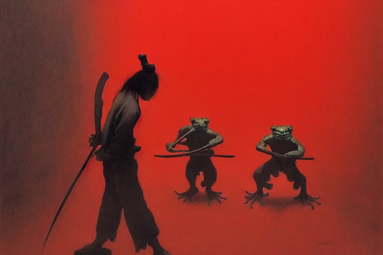 Image similar to only with red, a red samurai harakiri, tokio, a lot of frogs watch, in the style of beksinski, parts by edward hopper, parts by rodcenko, parts by yue minjun, intricate and epic composition, red by caravaggio, insanely quality, highly detailed, masterpiece, red light, artstation, 4 k