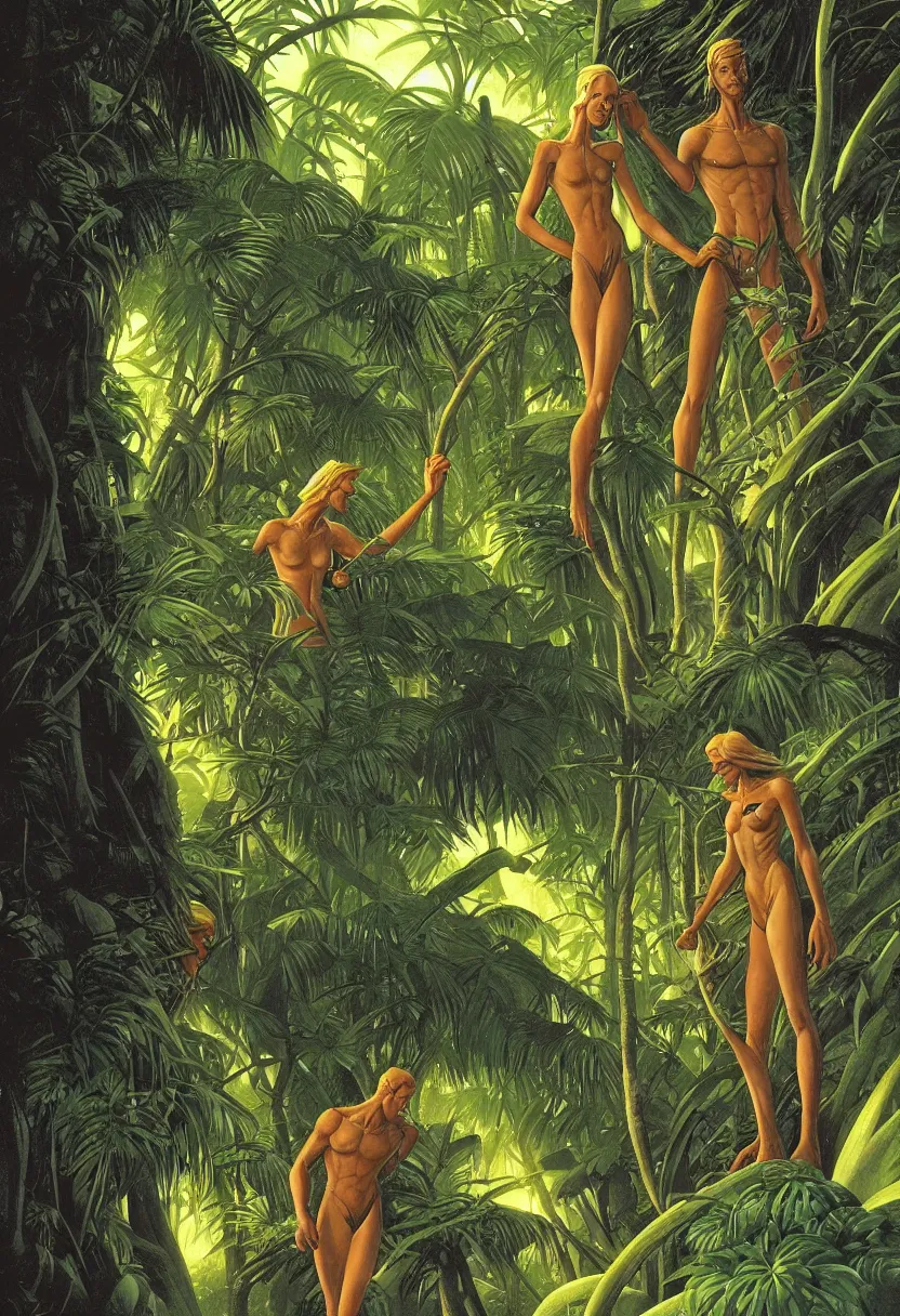 Image similar to a close up of Adam and Eve on a tropical garden world by Ralph McQuarrie| sparth:.2 | Tim white:.4 | Rodney Mathews:.2 | Graphic Novel, Visual Novel, Colored Pencil, Comic Book:.2