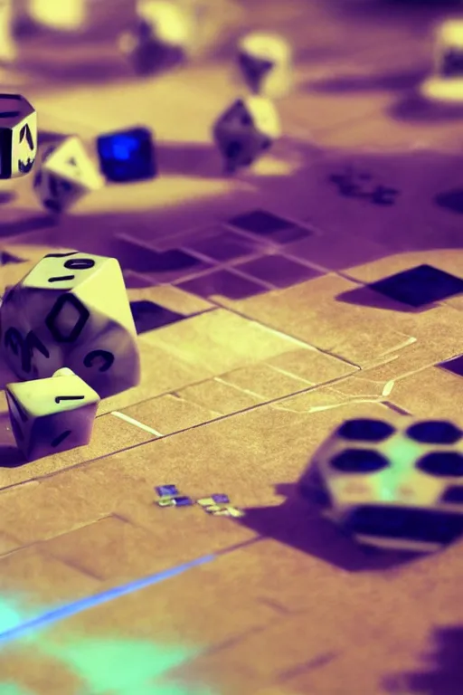 Image similar to closeup, of one futuristic sci-fi Twenty sided dice, in the background players at a table that are in still high tech suites, bokeh, sharp focus, intricate concept art, highly detailed, 8k, cinematic, sharp focus