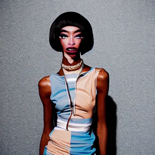 Image similar to realistic photoshooting for a new balenciaga lookbook, vhs colour photography, portrait of model Winnie Harlow woman, in style of Tyler Mitchell, 35mm,