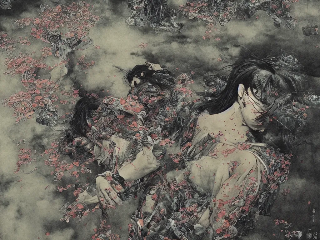 Image similar to Japanese schoolgirl runs away from Samurai with a katana on the subway, high detailed Beksinski painting, part by Adrian Ghenie and Gerhard Richter. art by Takato Yamamoto. masterpiece