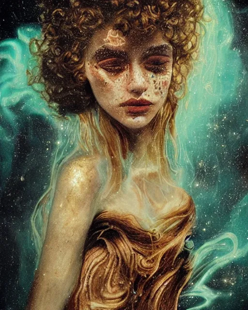 Prompt: a beautiful and eerie baroque painting of a gorgeous young woman in dead space, with wild curly hair and haunted eyes and freckles, 1 9 7 0 s, seventies, space station, neon light showing injuries, delicate ex embellishments, painterly, offset printing technique