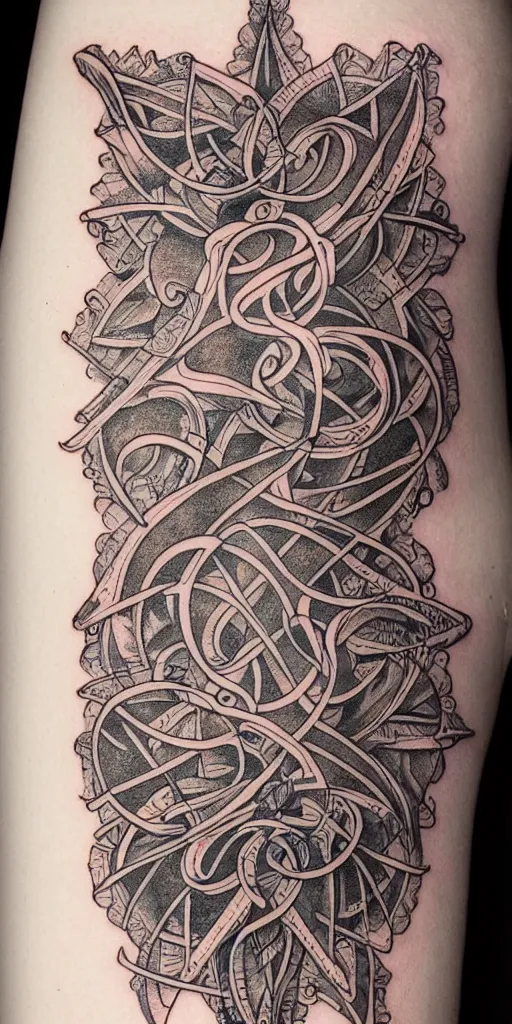 Prompt: a tattoo of a spiritual fractal by bang bang, highly detailed, intricate, line work