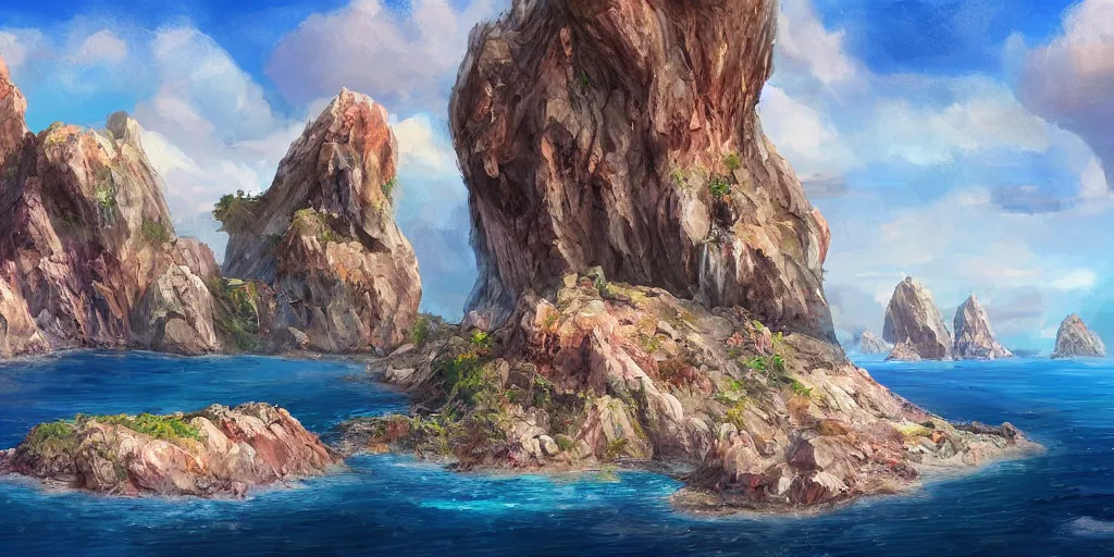 Image similar to salt covered islands surrounded by colourful rugged quartz cliffs, illustration, bright sunlight, sun glints, sunrays, digital art, oil painting, fantasy, 8 k, trending on artstation, detailed