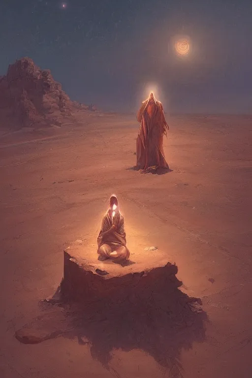 Image similar to lonely wanderer sitting at lap praying in desert, lit by the light of gods, abandoned by gods, hyperdetailed artstation cgsociety by greg rutkowski and by Gustave Dore