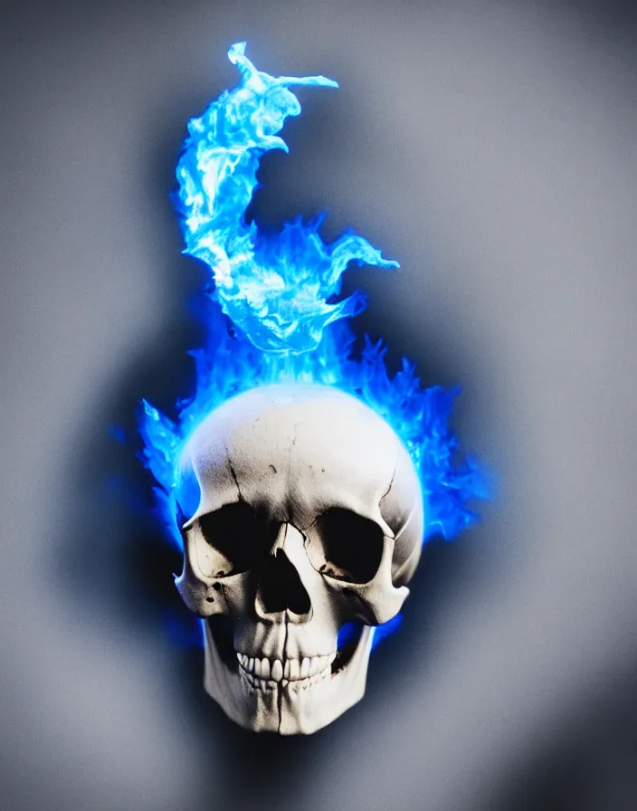 Image similar to photography of a skull with a blue flaming eye in the left orbit