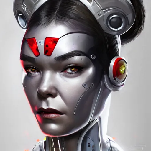 Image similar to cyborg bjork, portrait, highly detailed, digital painting, trending on artstation, concept art, sharp focus, illustration, art by artgerm and greg rutkowski and magali villeneuv